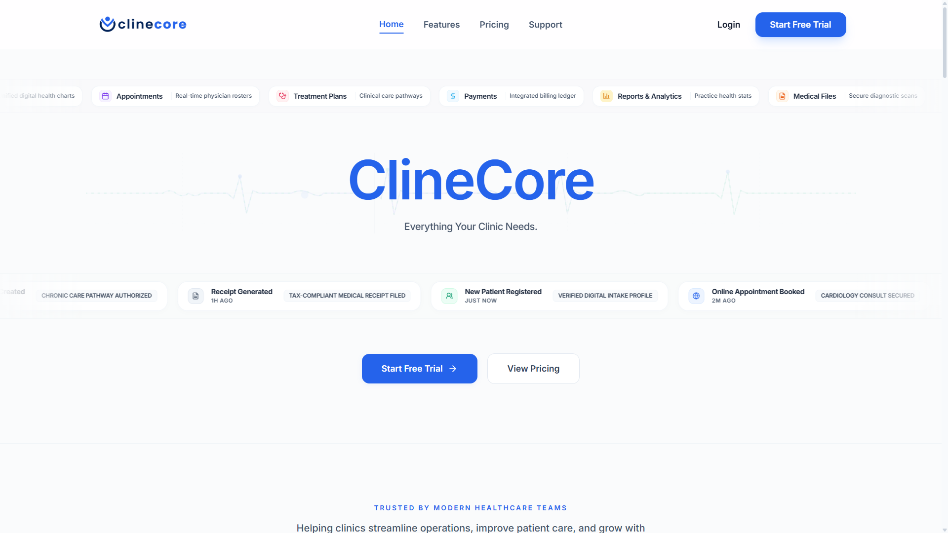 ClineCore Clinic Management Platform Interface